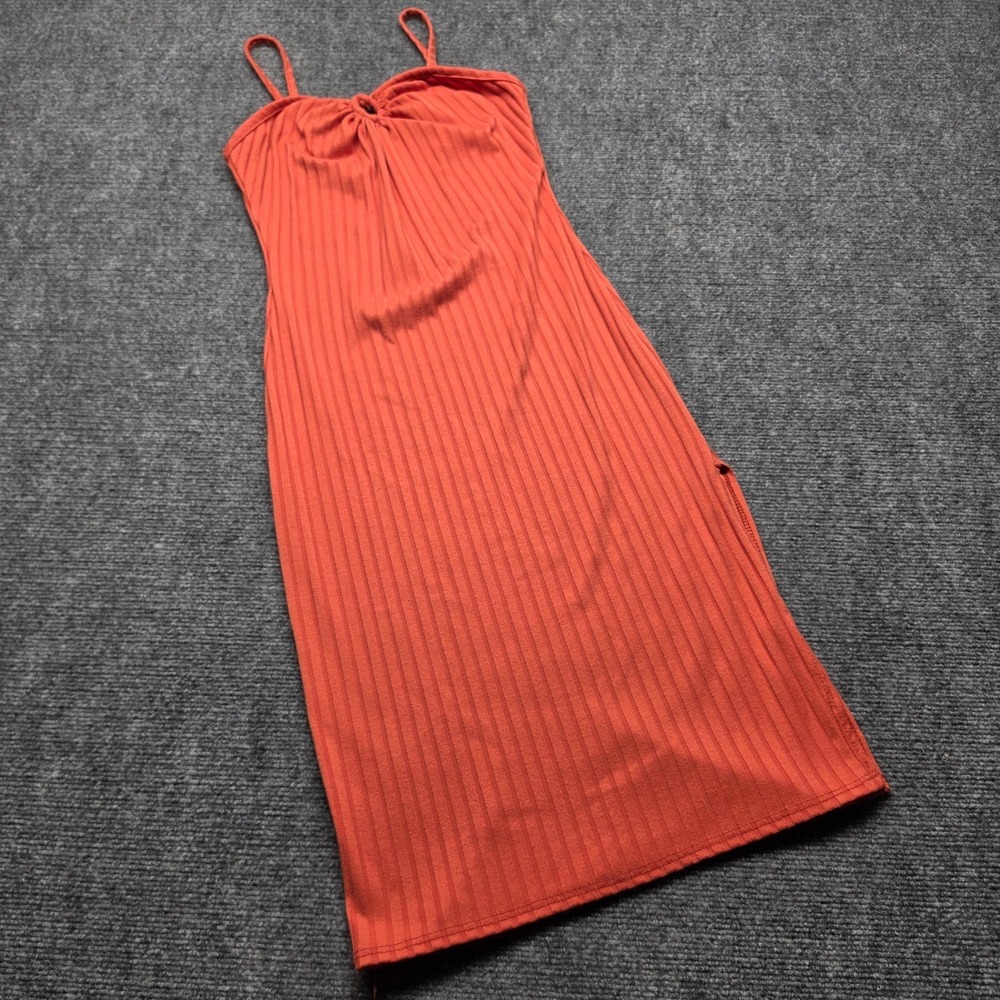 Brit & Bri Orange Ribbed Knit Dress S Small Sleeveless Side Slit Keyhole Cami